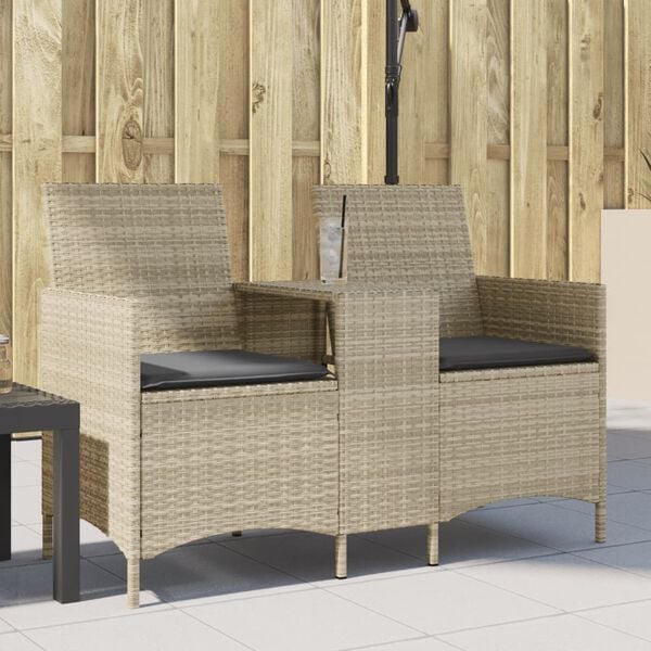 vidaXL Patio Sofa 2-Seater with Table and Cushions Light Grey Poly Rattan