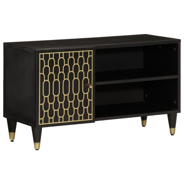 vidaXL TV Cabinet Black, Natural Solid Mango Wood, Engineered Wood, Iron