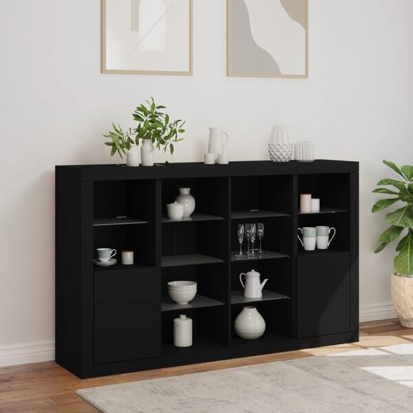 vidaXL Sideboard Set of 3 Black Engineered Wood, Glass Medium Storage