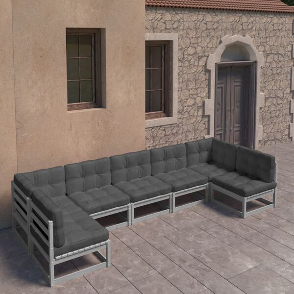 vidaXL Garden Lounge Set Grey Solid pine wood, 100% polyester Medium