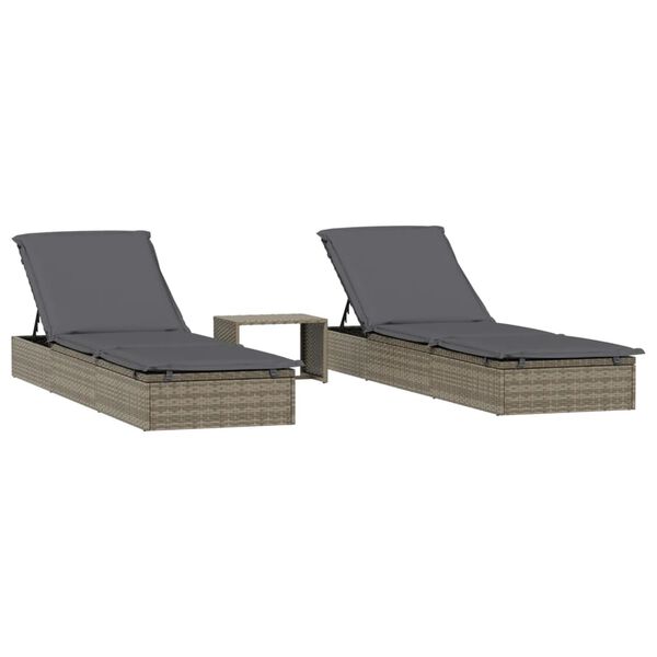 vidaXL Patio Sunbed Set of 3 Gray PE Rattan, Powder-Coated Steel Large