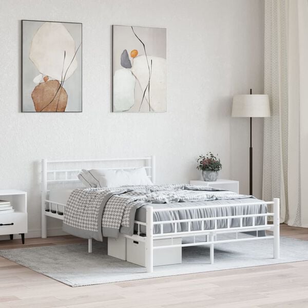 vidaXL Bed Frame White Metal frame with plywood slats Double Durable