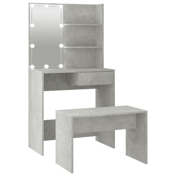 vidaXL Dressing Table Set with LED Concrete Grey Engineered Wood Medium