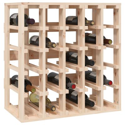 Wooden wine rack filled with wine bottles arranged in a multi-column grid