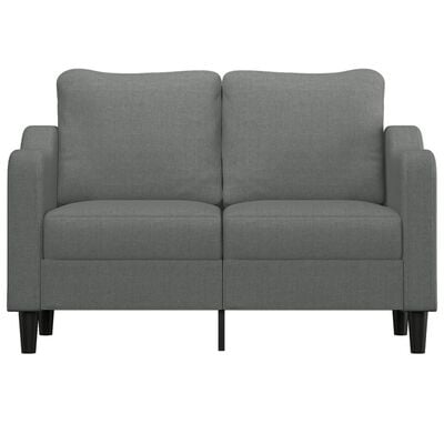 Grey loveseat with two seat cushions and matching armrests and wooden legs.