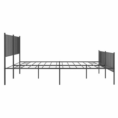 Side view of a metal bed frame showing long length with vertical posts at ends; a low profile with multiple supports.