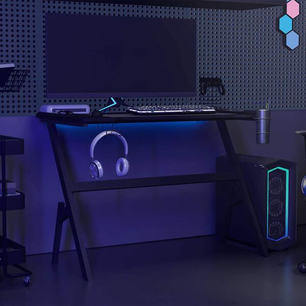 vidaXL LED Gaming Desk Black Engineered wood, Iron LED Gaming Desk