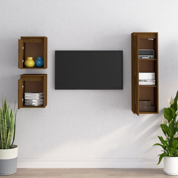 vidaXL TV Cabinet Set of 3 Honey brown Solid pinewood Medium