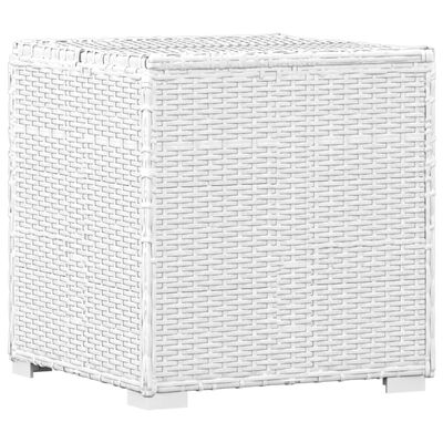 White wicker cube storage unit with flat top, no cushion.