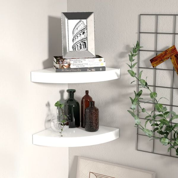 vidaXL Corner Shelf Set of 2 High gloss white Honeycomb MDF, metal