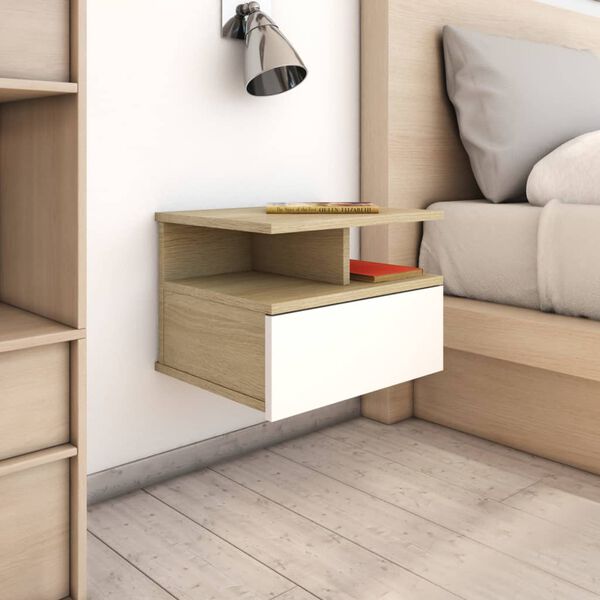 vidaXL Floating Nightstand Set of 2 White and sonoma oak Engineered wood