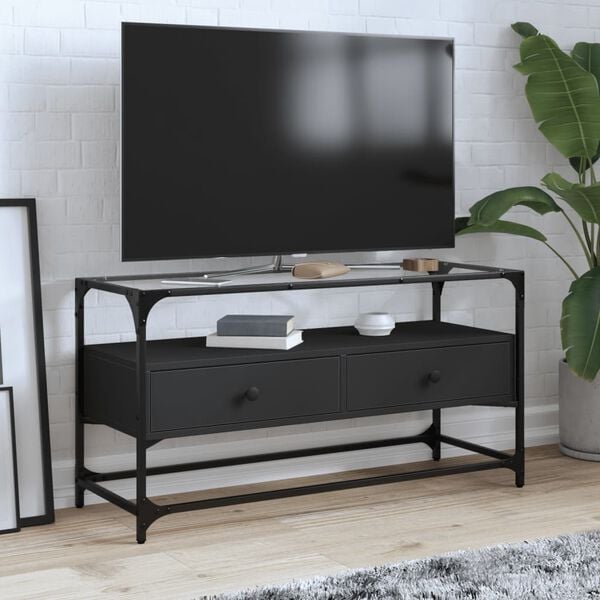 vidaXL TV Cabinet Black Engineered Wood, Glass 38.6 x 13.8 x 20.1 in