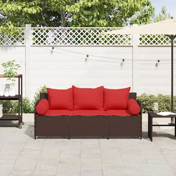 vidaXL Patio Sofa with Cushions 3-Seater Brown Poly Rattan