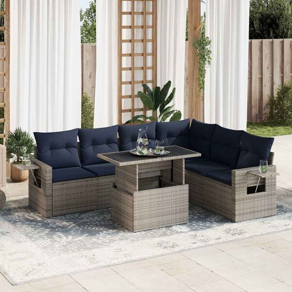 vidaXL 7 Piece Patio Sofa Set with Cushions Gray Poly Rattan