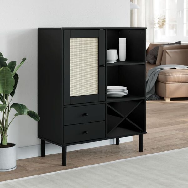 vidaXL Highboard Black Solid pinewood with UV varnish finish, Poly rattan