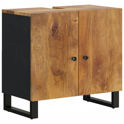 Wooden cabinet with two doors and black base, showing natural wood grain and metal legs.