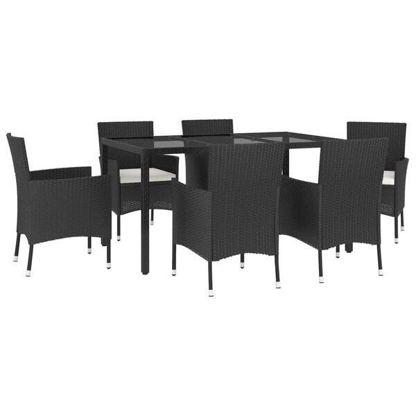 vidaXL 7 Piece Patio Dining Set with Cushions Black Poly Rattan