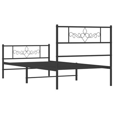 Two matching black metal bed frames with partial view of a central support, showing connectors and headboard details
