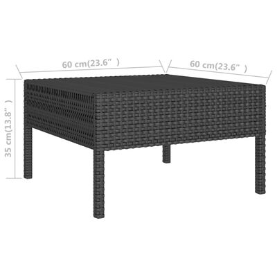 Outdoor coffee table with dark wicker, dimensions shown (60 cm by 60 cm by 35 cm height).
