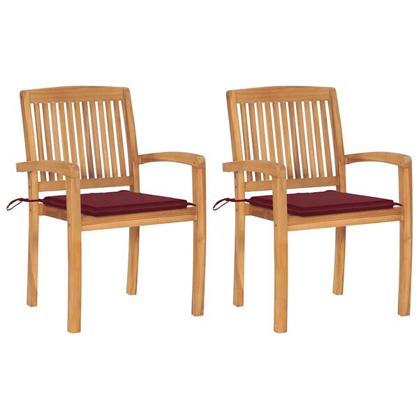 vidaXL Patio Chairs 2 pcs with Wine Red Cushions Solid Teak Wood