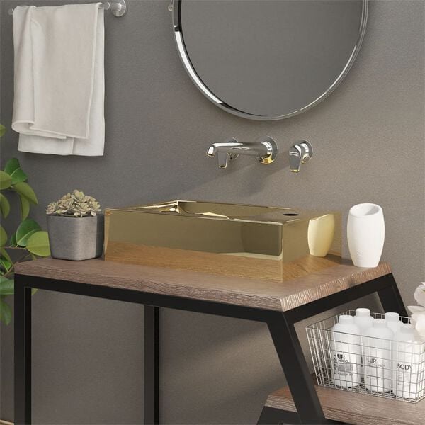 vidaXL Wash Basin with Overflow 19.3x9.8x5.9" Ceramic Gold