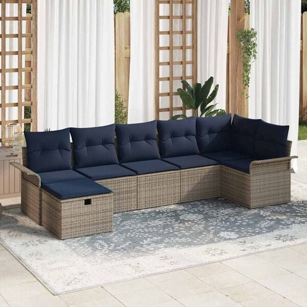 vidaXL Garden Sofa Set with Cushion 7 pcs Grey and Navy Poly Rattan