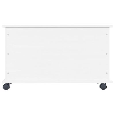 Close-up of side panel and caster wheel on white storage unit
