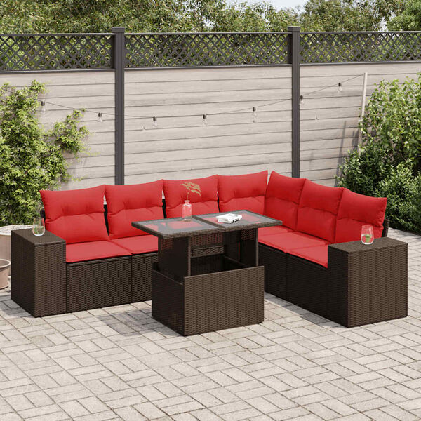 vidaXL 7 Piece Patio Sofa Set with Cushions Brown Poly Rattan Acacia