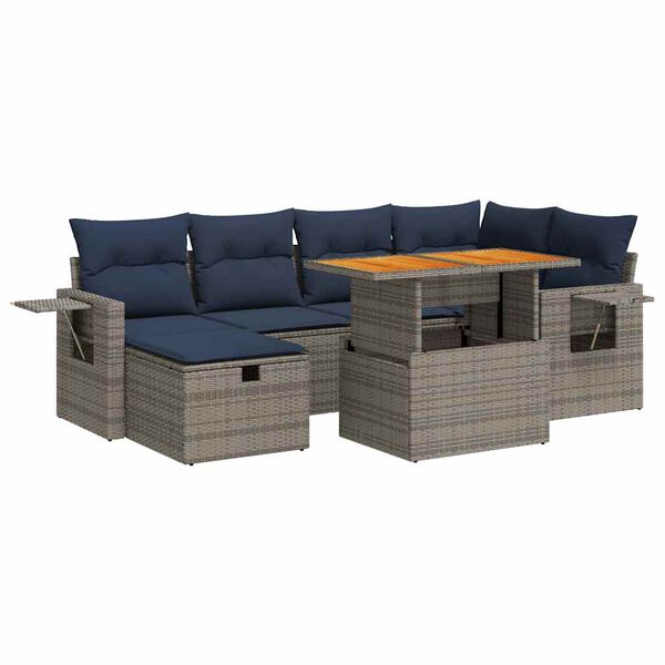vidaXL 7 Piece Patio Sofa Set with Cushions Black Poly Rattan Acacia