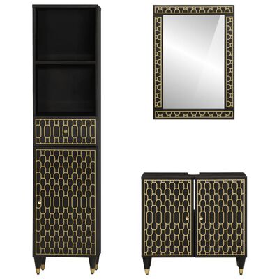 A tall black cabinet with gold pattern on lower door, a gold-framed wall mirror, and a pair of smaller cabinets with gold patterned doors.