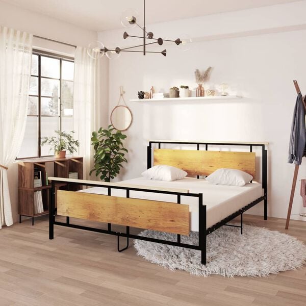 vidaXL Bed Frame Black, Brown Solid oak wood, powder-coated metal, MDF