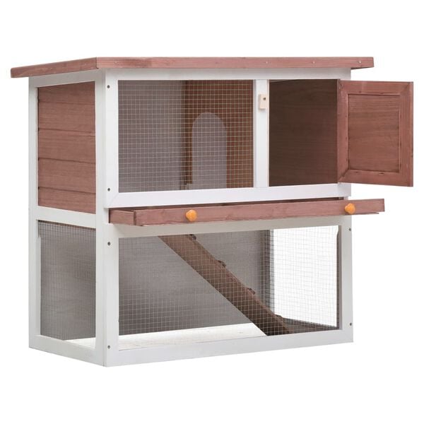 vidaXL Rabbit Hutch Brown and white Solid pine wood, plywood, iron wire mesh