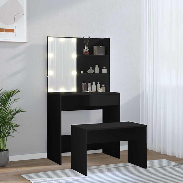 vidaXL Dressing Table Set With Led Black Engineered wood