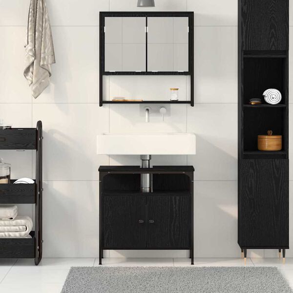 vidaXL Bathroom Furniture Set with Shelf 2 pcs Black Engineered wood