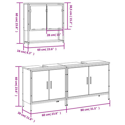Technical drawing with dimensions of a bathroom vanity set: cabinet heights and widths