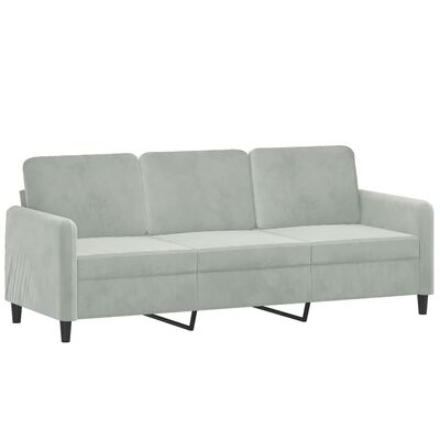 Large light grey three-seat sofa with matching armchair and metal leg supports.