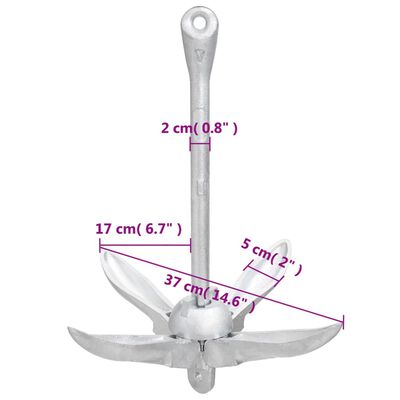 vidaXL Folding Anchor with Rope Silver 7.1 lb Malleable Iron