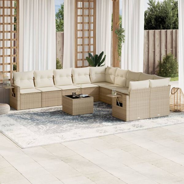 vidaXL Garden Sofa Set Beige PE rattan, powder-coated steel, tempered glass