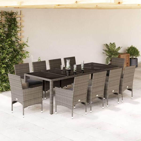 vidaXL 11 Piece Patio Dining Set with Cushions Grey Poly Rattan and Glass