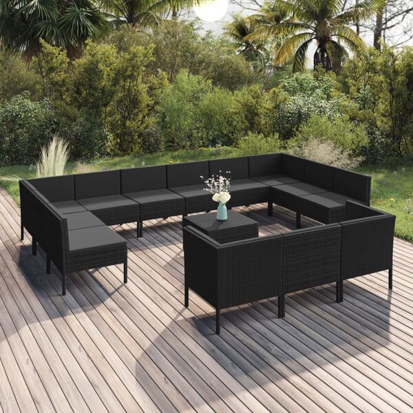 vidaXL Garden Lounge Set Black PE rattan, powder-coated steel, polyester