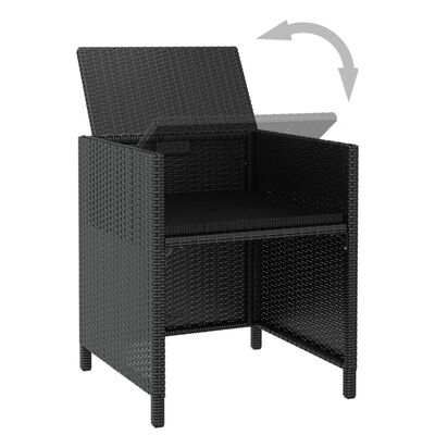 Wicker armchair with hinged backrest showing rail for the seat; explanation of backrest tilt.