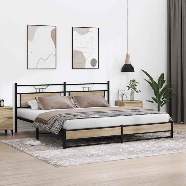 vidaXL Bed Frame Sonoma Oak Steel, Engineered Wood Double Bed Bed Frame