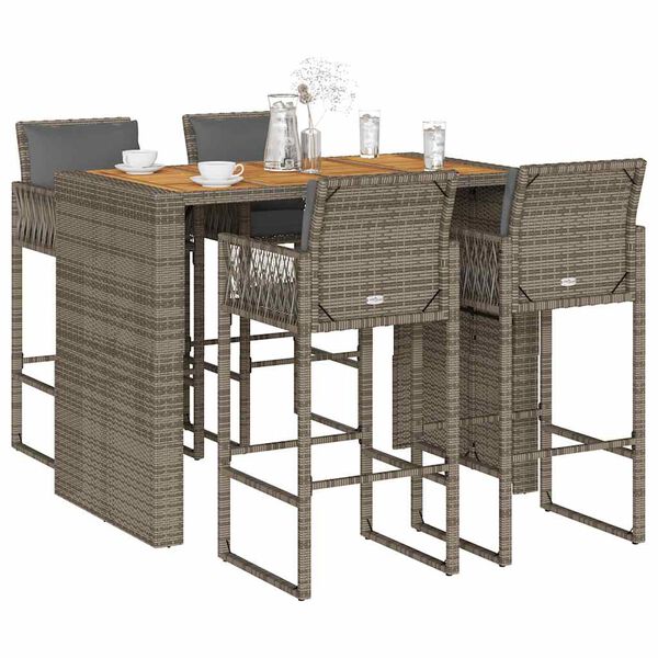 vidaXL Garden Bar Set Grey PE Rattan, Powder-Coated Steel, Solid Acacia Wood