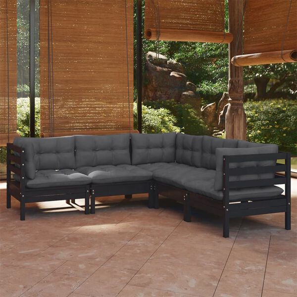 vidaXL Garden Lounge Set Black Solid pine wood, fabric (100% polyester)