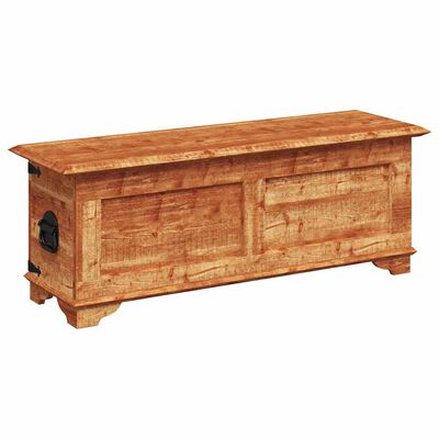 Long wooden storage chest with handles and wooden panels, side view
