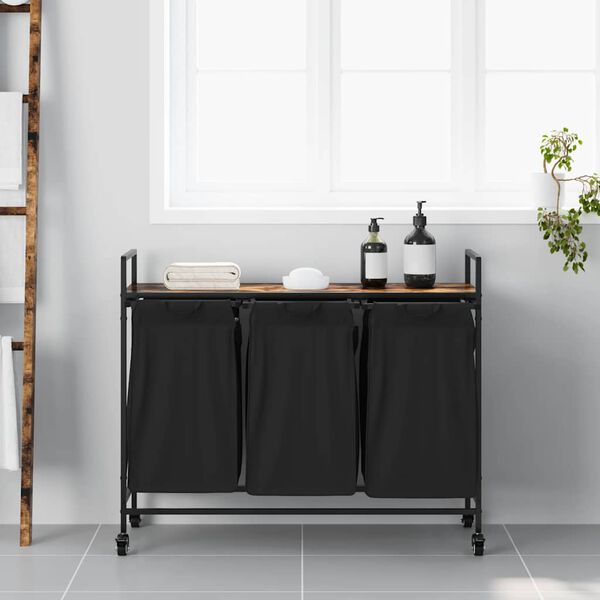 vidaXL Laundry Basket 3 Compartments with Wheels Smoked Oak