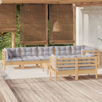 vidaXL 9 Piece Patio Lounge Set with Gray Cushions Solid Pinewood