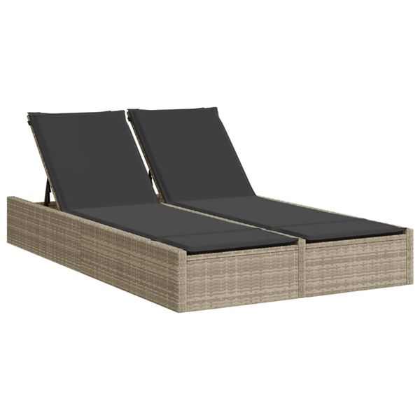 vidaXL Double Sun Lounger with Cushions Light Grey Poly Rattan