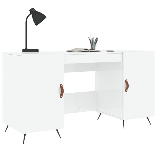 vidaXL Desk Shiny White Engineered Wood, Iron, Faux Leather Medium Desk