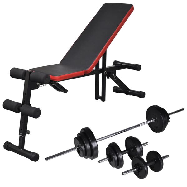 vidaXL Adjustable Sit-up Bench with Barbell and Dumbbell Set 67.2 lb (90641+90377)